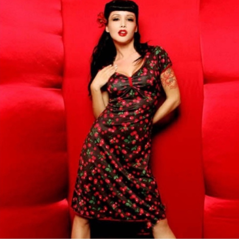 Pinup Couture Black Dress with Cherry Print. Size M